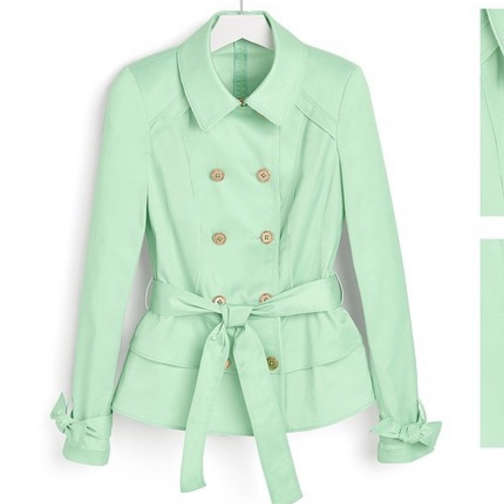 White House black market long sleeve double breasted ruffle, mint jacket. - Picture 3 of 16